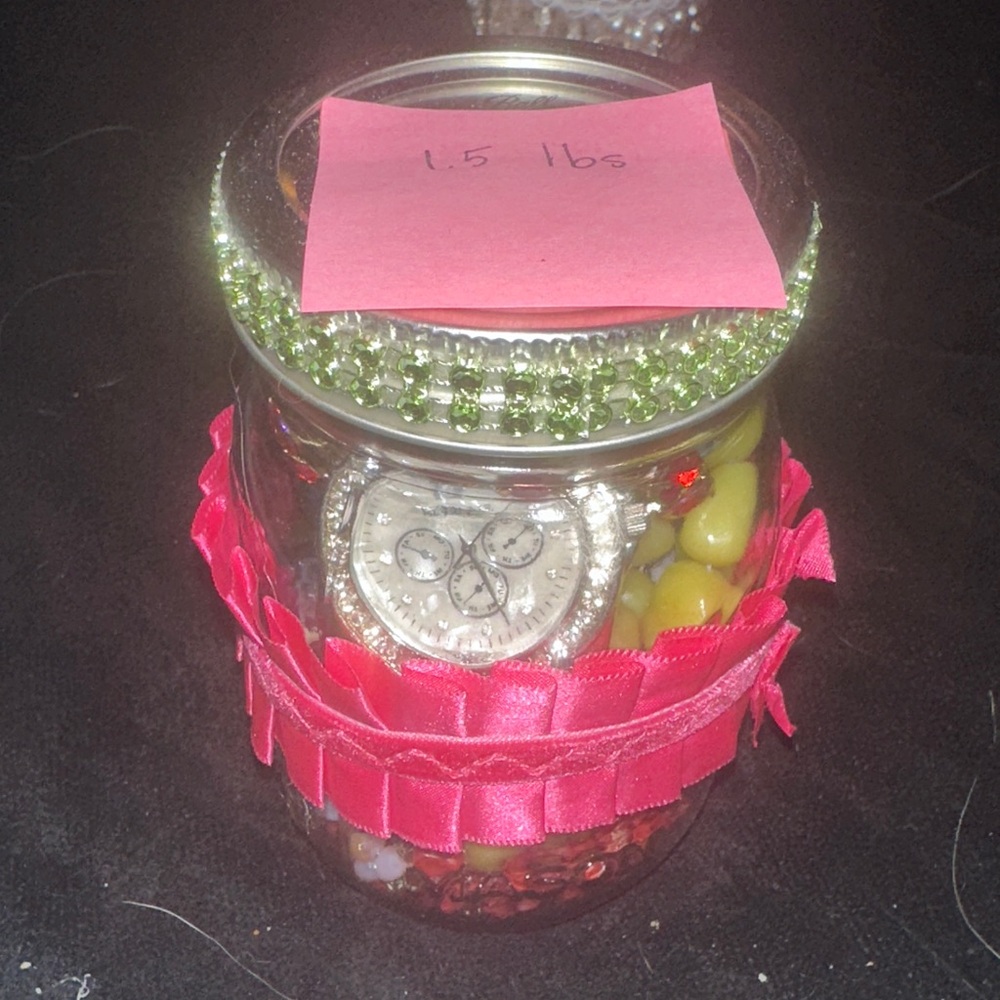 1.5 lbs Mixed Jewelry Lot Multicolor Necklace Bracelets Watch Ring in Mason Jar